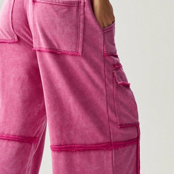 Hot Pink Casual Women's Vacation Knit Pocket Wide Leg Pants - Picture 2 of 7